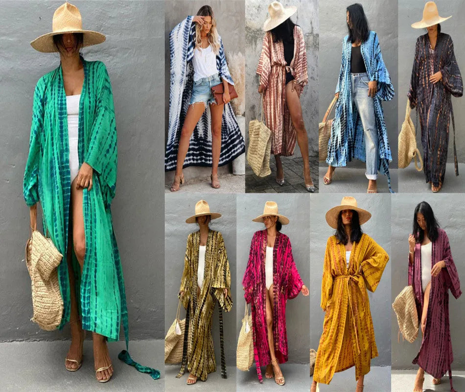 Printed cotton beach cover-up blouse with long sleeves in multiple colour options