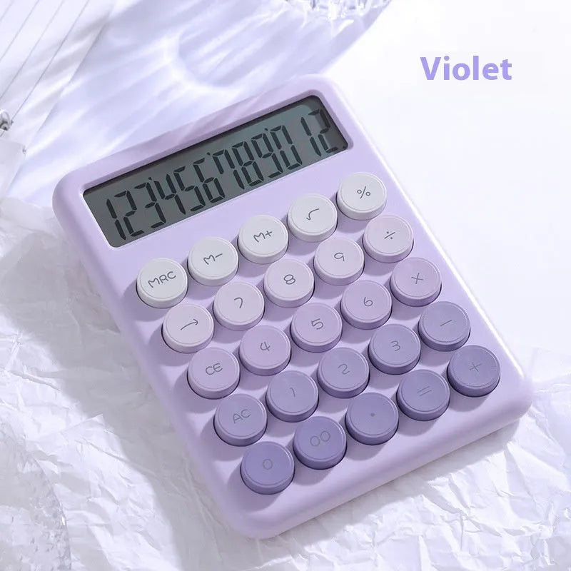 Gradient colour desk calculator showing violet, cherry blossom, blue and green shade options