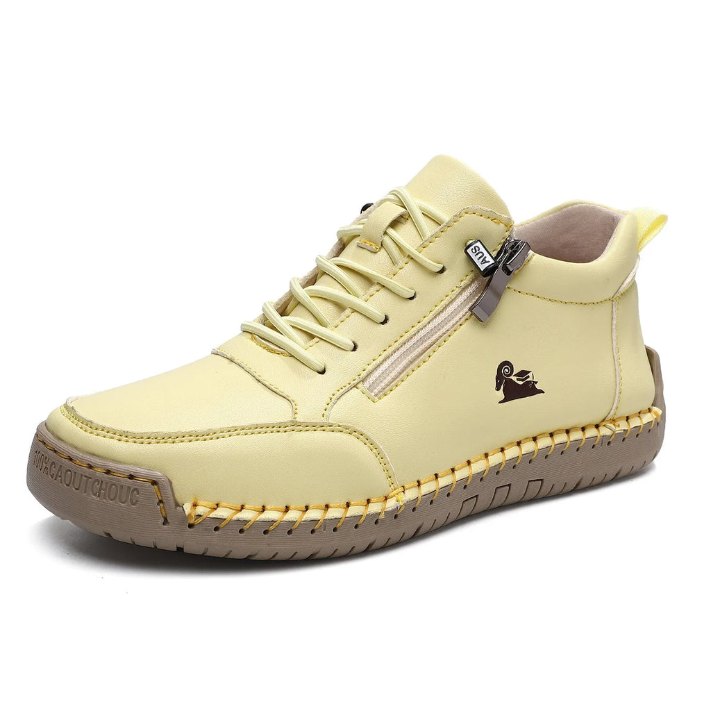 Women's hand-stitched flat shoes with microfiber upper, rubber sole, round toe, front lace-up, solid colour design