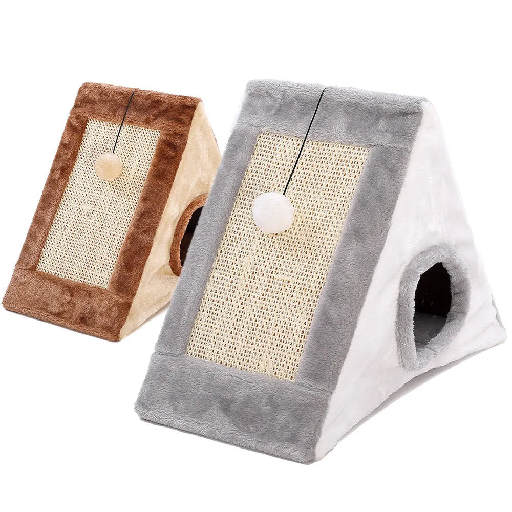Triangle-shaped cat bed with sisal scratching corners in grey and white colour combination