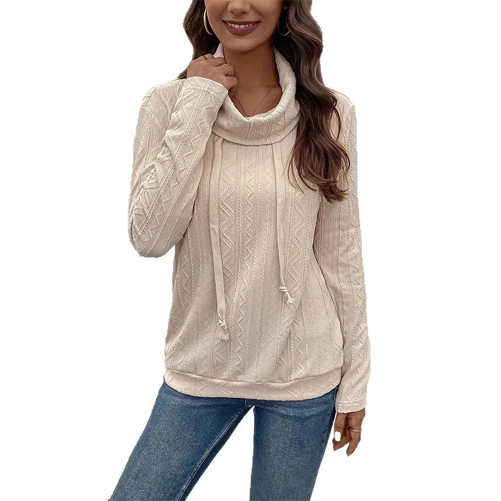 Apricot coloured hooded pullover sweater with drawstring and long sleeves