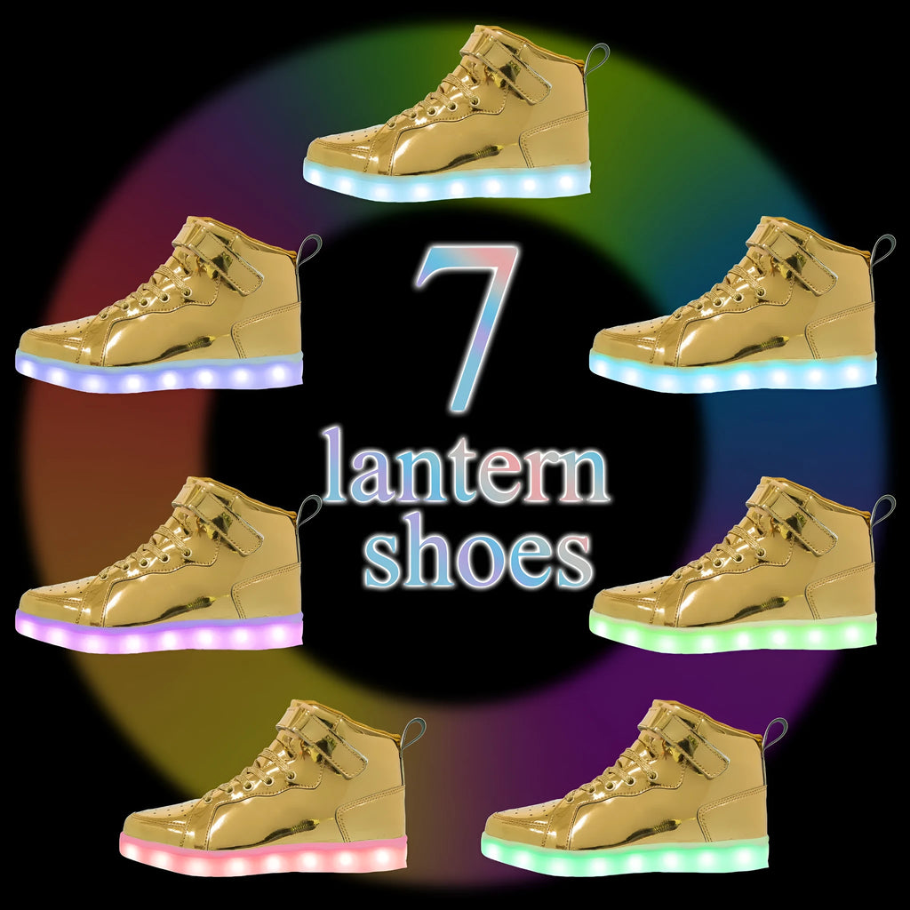 LED light-up high-top board shoes with charging port and Velcro closure in multiple colours