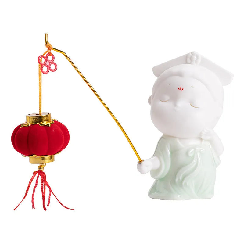 Small ceramic female court attendant figurine incense burner decoration in a cute style.