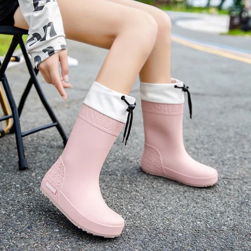 Women's solid colour PVC rain boots with non-slip soles in apricot waterproof mouth colour