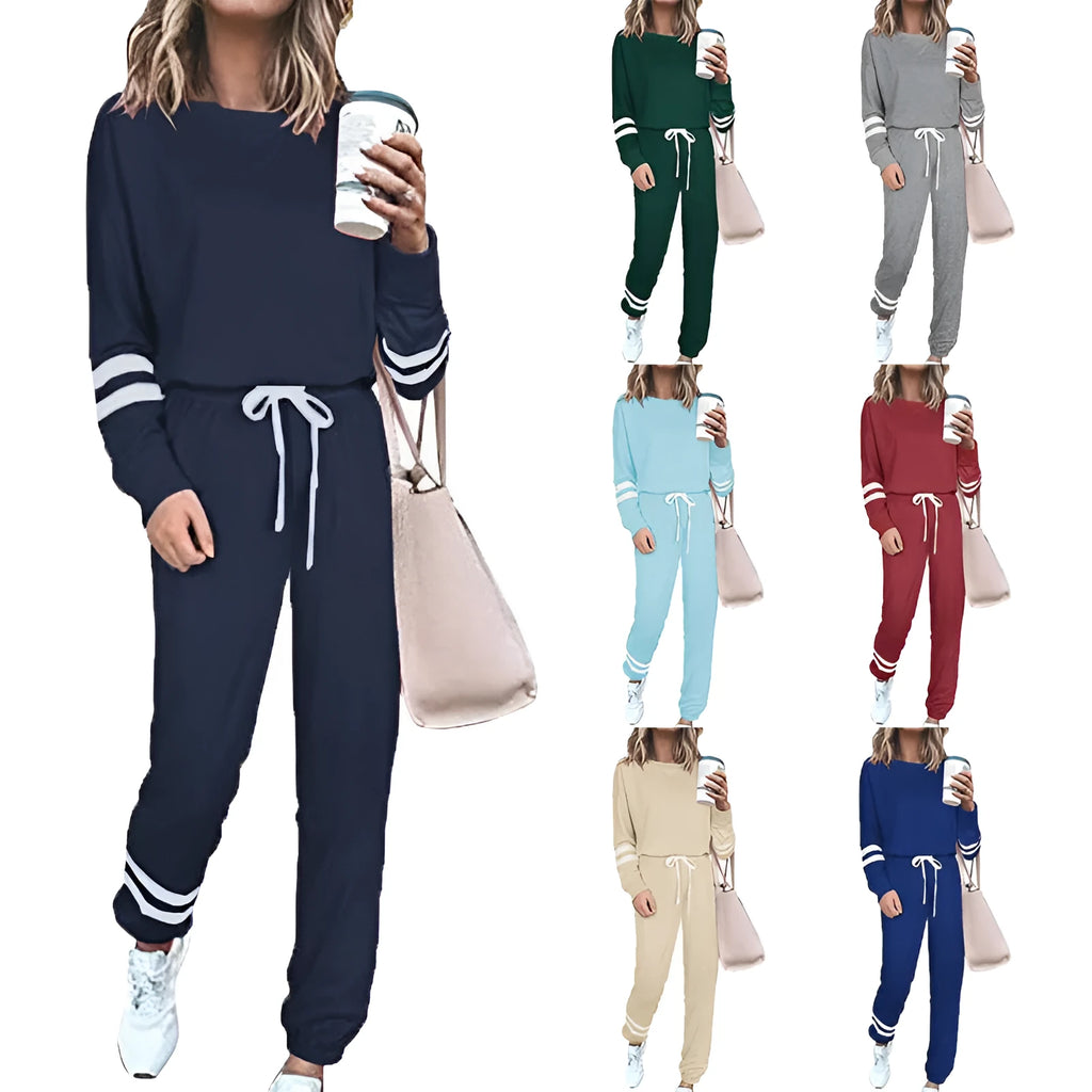 Women's plus size casual suit with long sleeve top and trousers in cotton blend fabric
