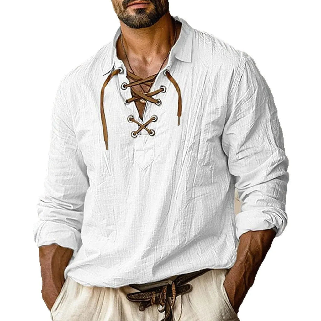 Men's plus size linen blend shirt in solid colour with loose fit long sleeves