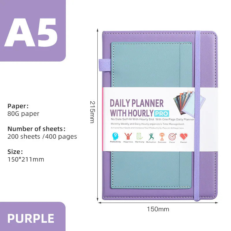 PU leather notebook with strap closure, shown open on 80g wood-free paper, available in purple, green, gray, black, pink, and orange.