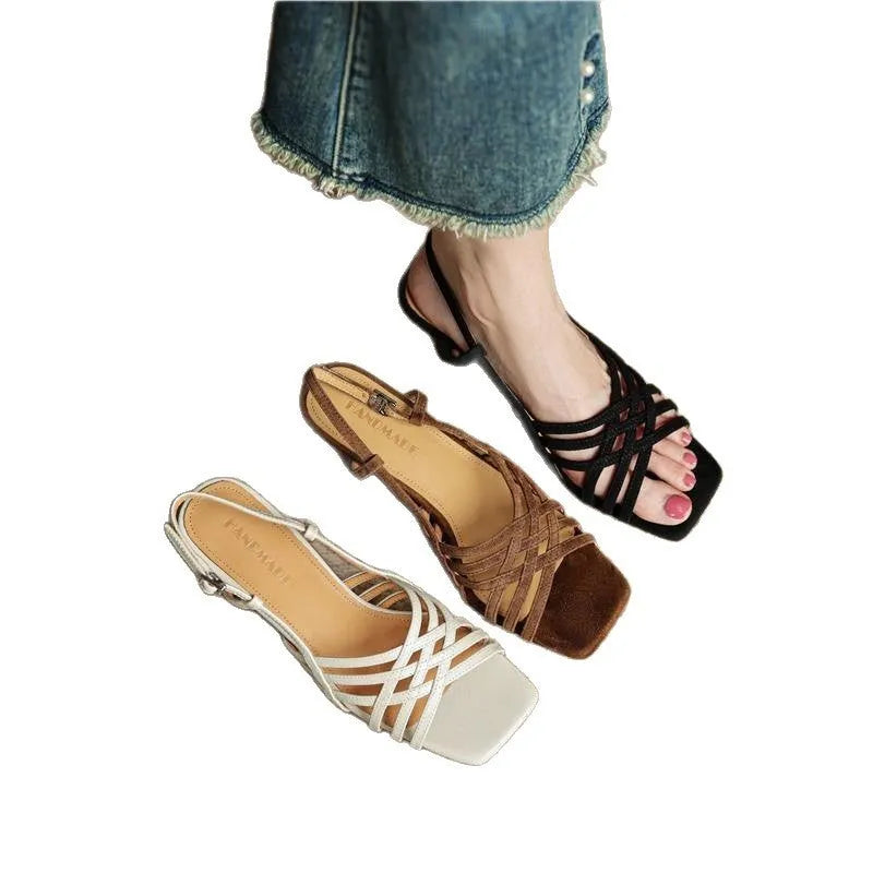 Retro soft leather thin cross straps high heel sandals with square toe and ankle buckle in beige black and light brown
