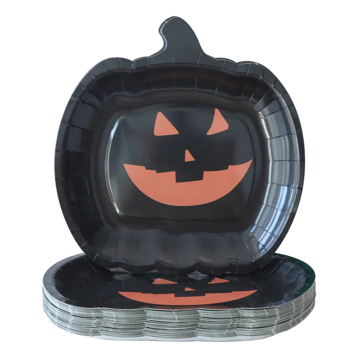 Black Halloween pumpkin design disposable paper plates in 9-inch size for parties