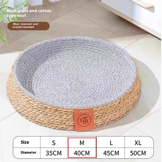 Round rattan cat bed or nest for pets, shown in one of four available sizes.