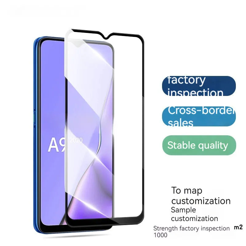 OPPO A9 2020 full screen tempered glass protector with black colour options and anti-fingerprint coating