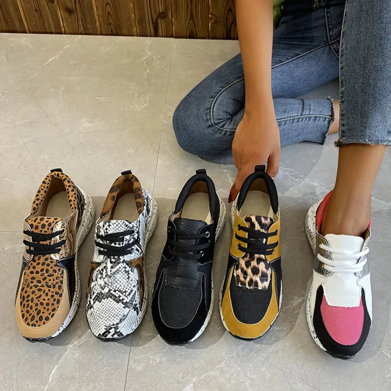 Women's suede casual sneakers with wedge heel in leopard print and snake pattern designs