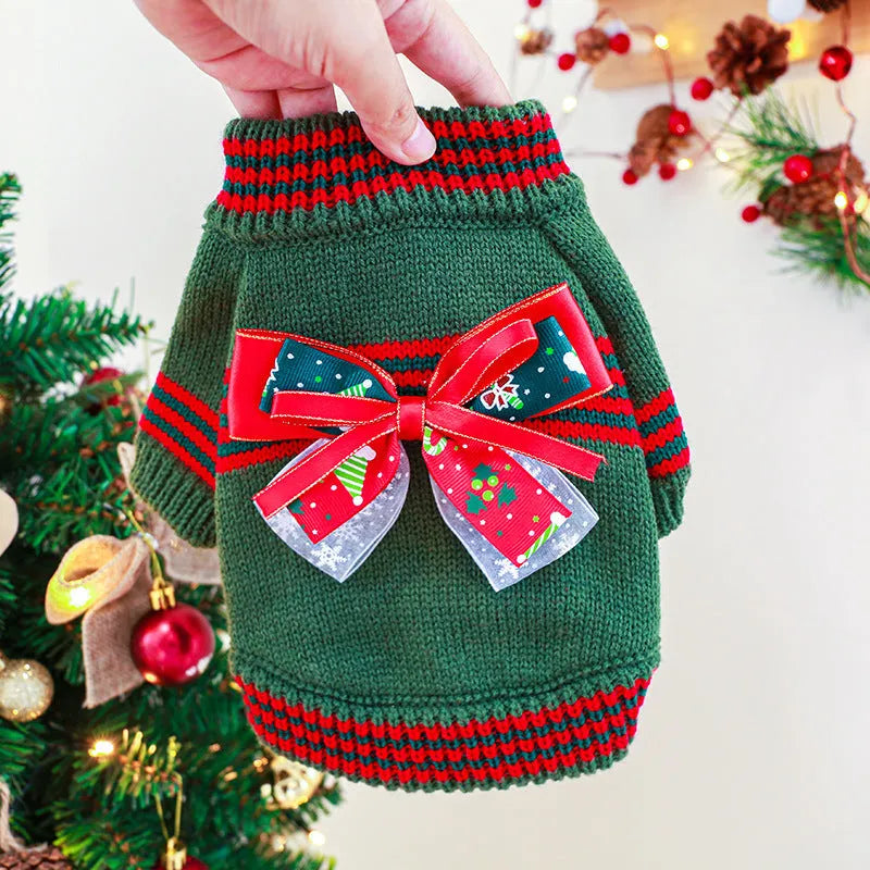 Red or green polyester knit Christmas sweater for small to medium dogs and cats on a festive background