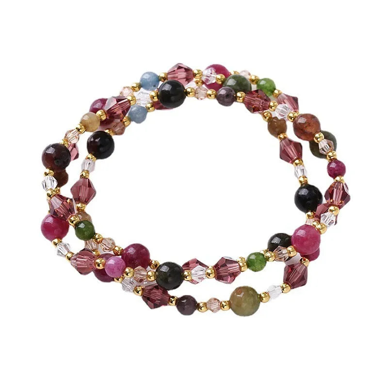 Women's colourful three-ring crystal bracelet with adjustable cord in tourmaline, quartz, or amethyst