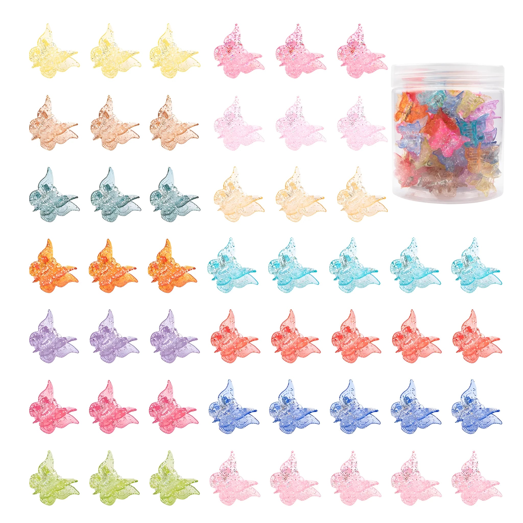 Assorted glitter butterfly hair claw clips showing multiple colours from 50-piece set with compact dimensions