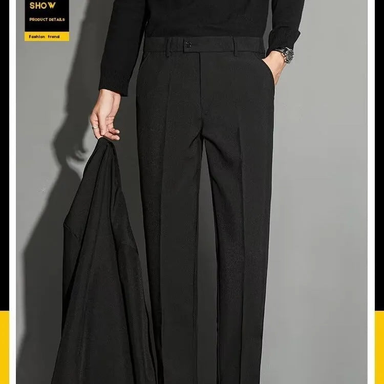 Men's straight ankle-length suit pants in a chemical fibre blend fabric, shown in multiple colours.