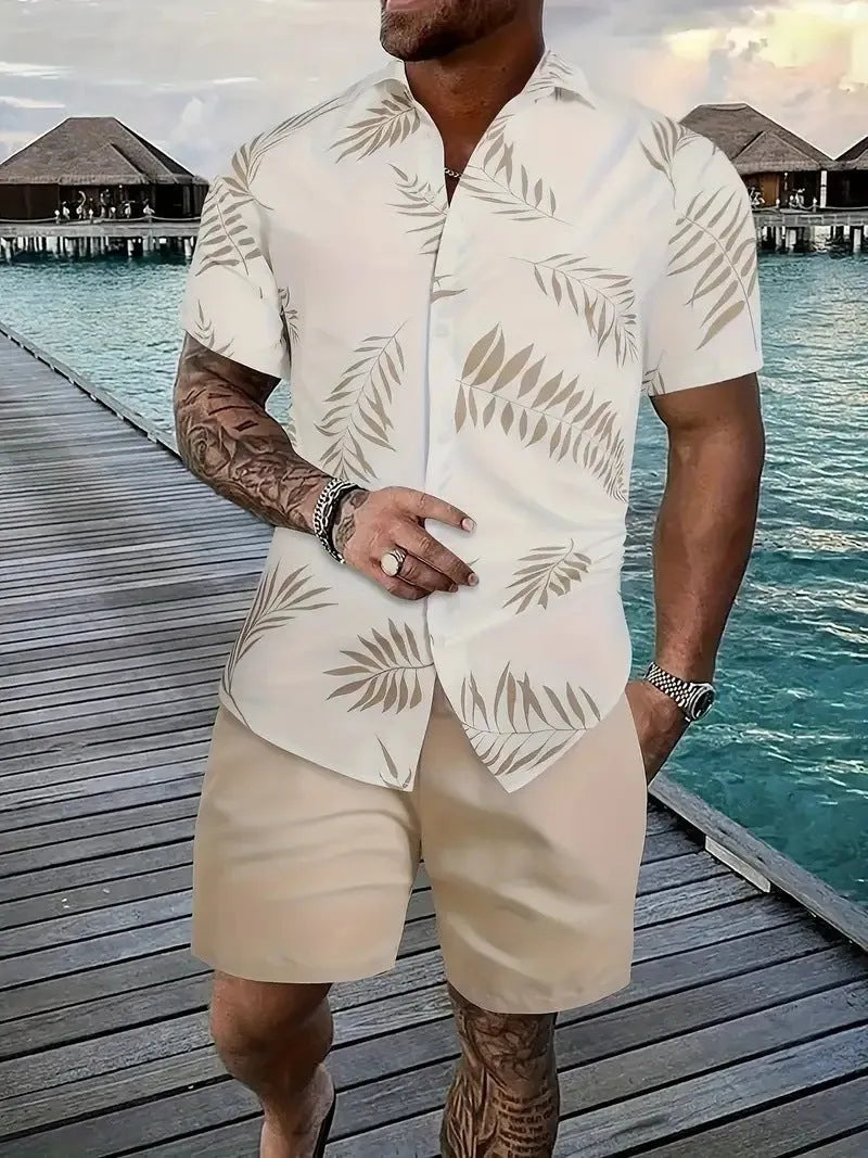 Men's Hawaiian patterned short sleeve suit with 3D print design and matching shorts