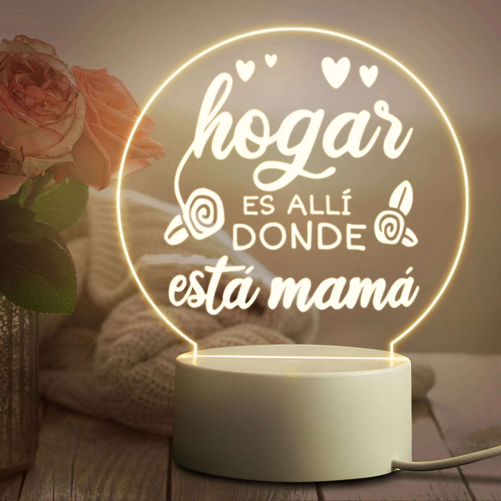 Modern white bedside night light with acrylic shade on ABS base, connected via USB cable.