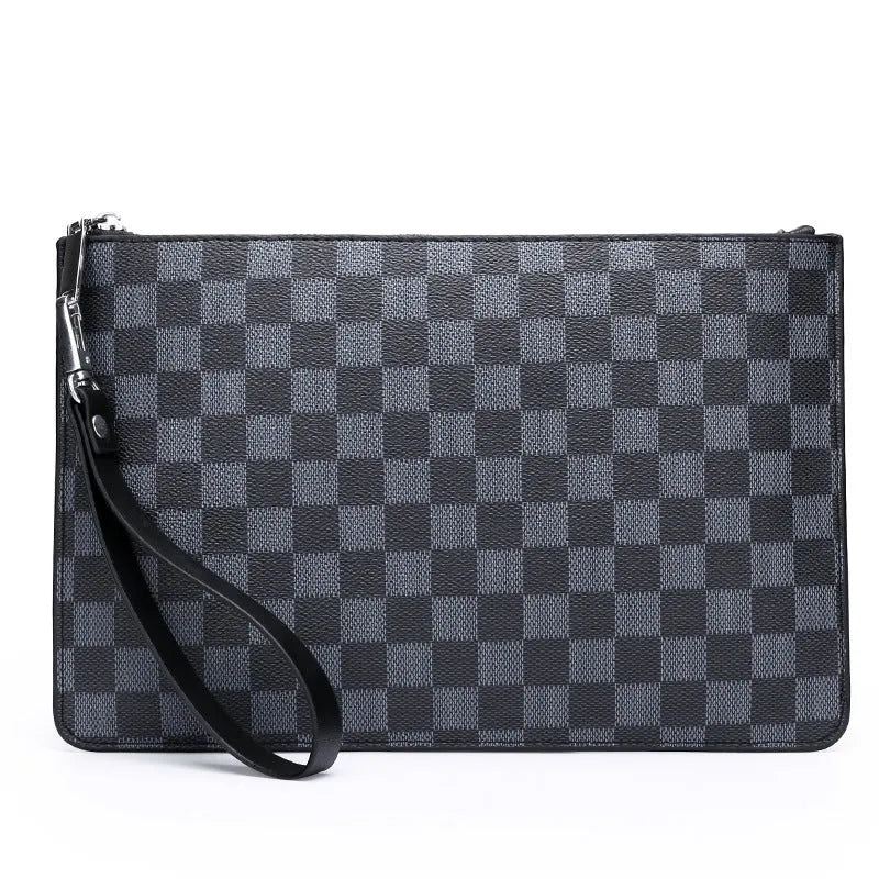 Men's soft black checkered PU leather clutch wallet showing card slots and zipper pocket