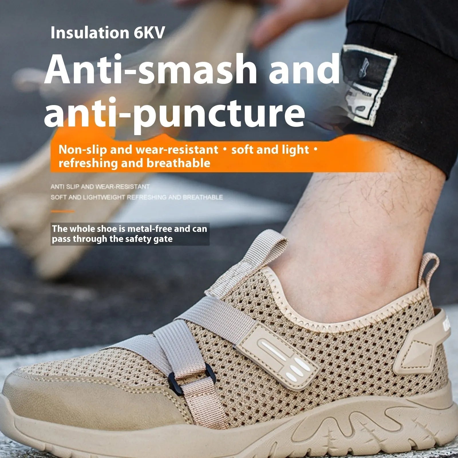 Men's grey safety work shoes with a woven upper and thick rubber sole on a work site background.