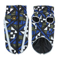 Dog wearing reflective thick polyester winter jacket in geometric blue pattern