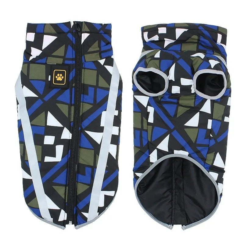 Dog wearing reflective thick polyester winter jacket in geometric blue pattern