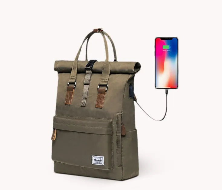 Casual polyester backpack with cover flap open, showing internal laptop pocket and zipper pocket.