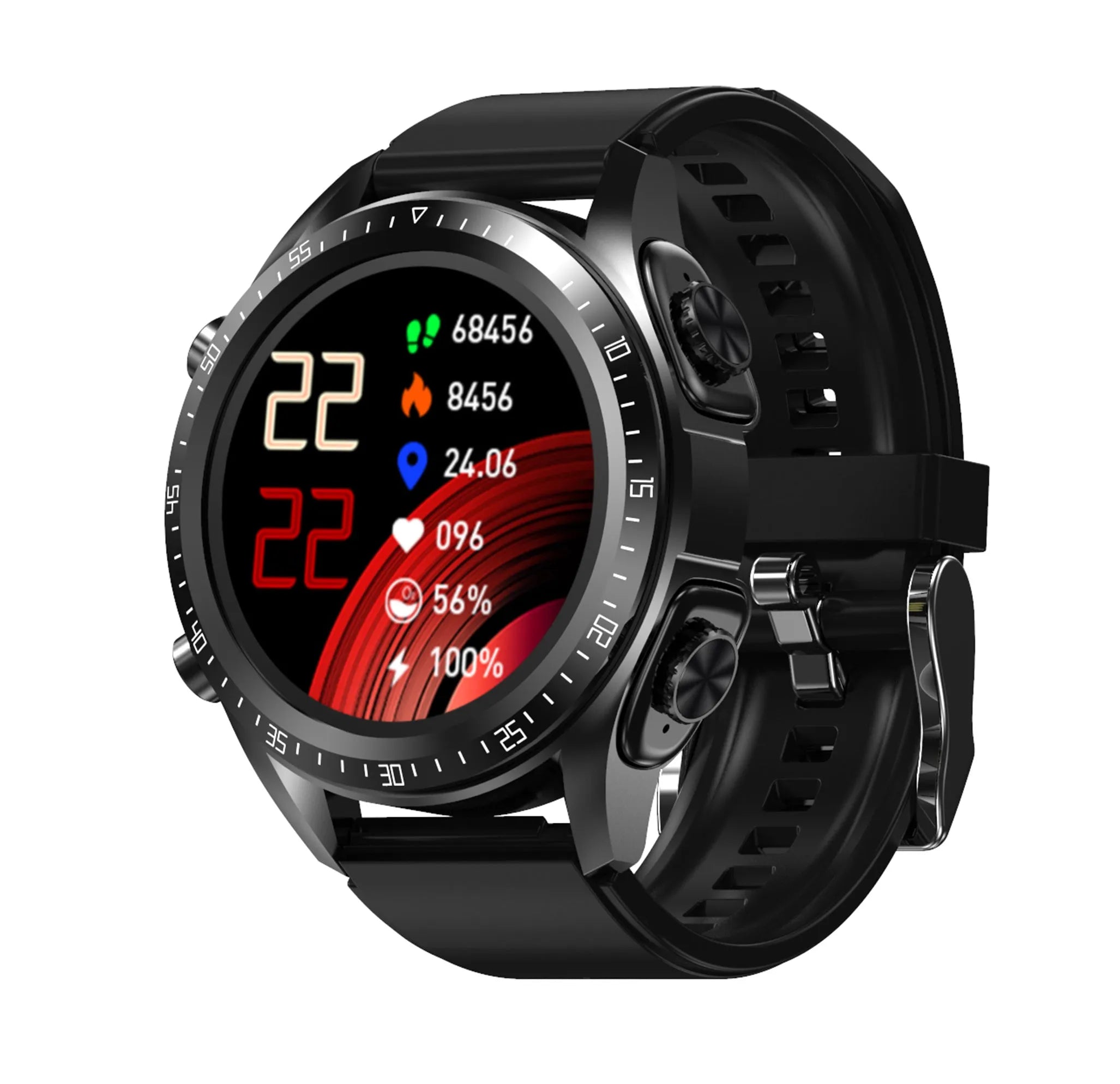 Black stainless steel round dial smart watch with heart rate monitoring and Bluetooth call feature
