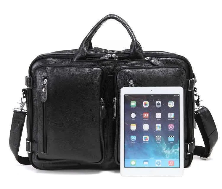 Black large leather handbag horizontal square shape with zipper closure and multiple internal compartments