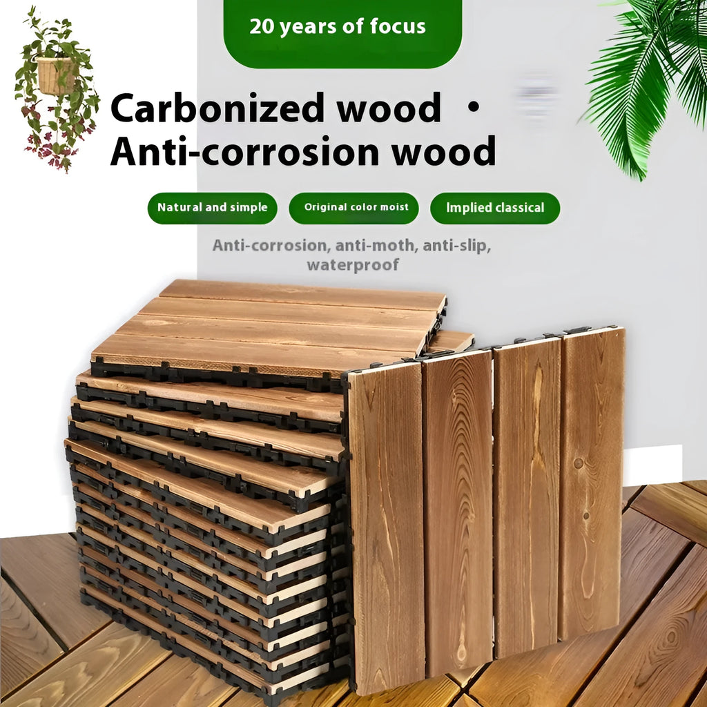 Square camphor pine wood floor tiles with interlocking edges for balcony use.