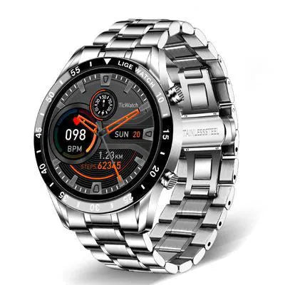 Stainless steel smart watch with black wristband and 1.3 inch touch screen display