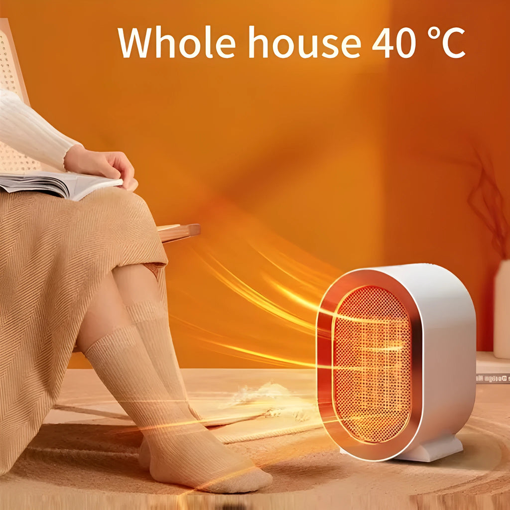 Desktop electric fan heater with a casting shell, showing mechanical dial and available in black, blue, green, or white.