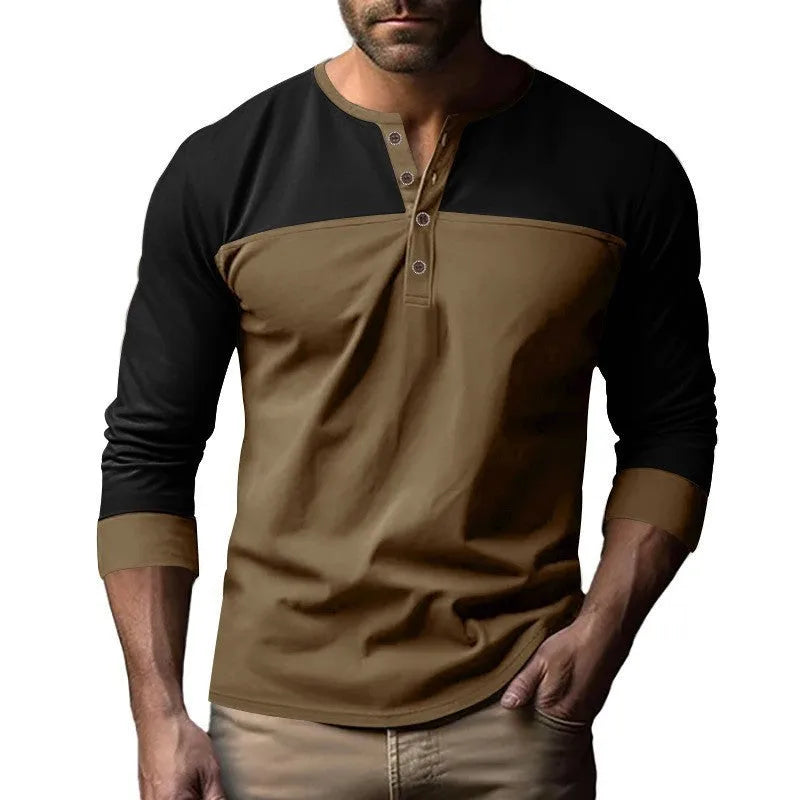 Men's brown army green long-sleeve casual shirt with Henry collar