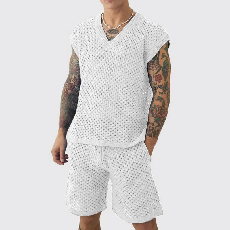 Men's blue knitted V-neck vest and matching shorts laid flat as a summer sports suit.