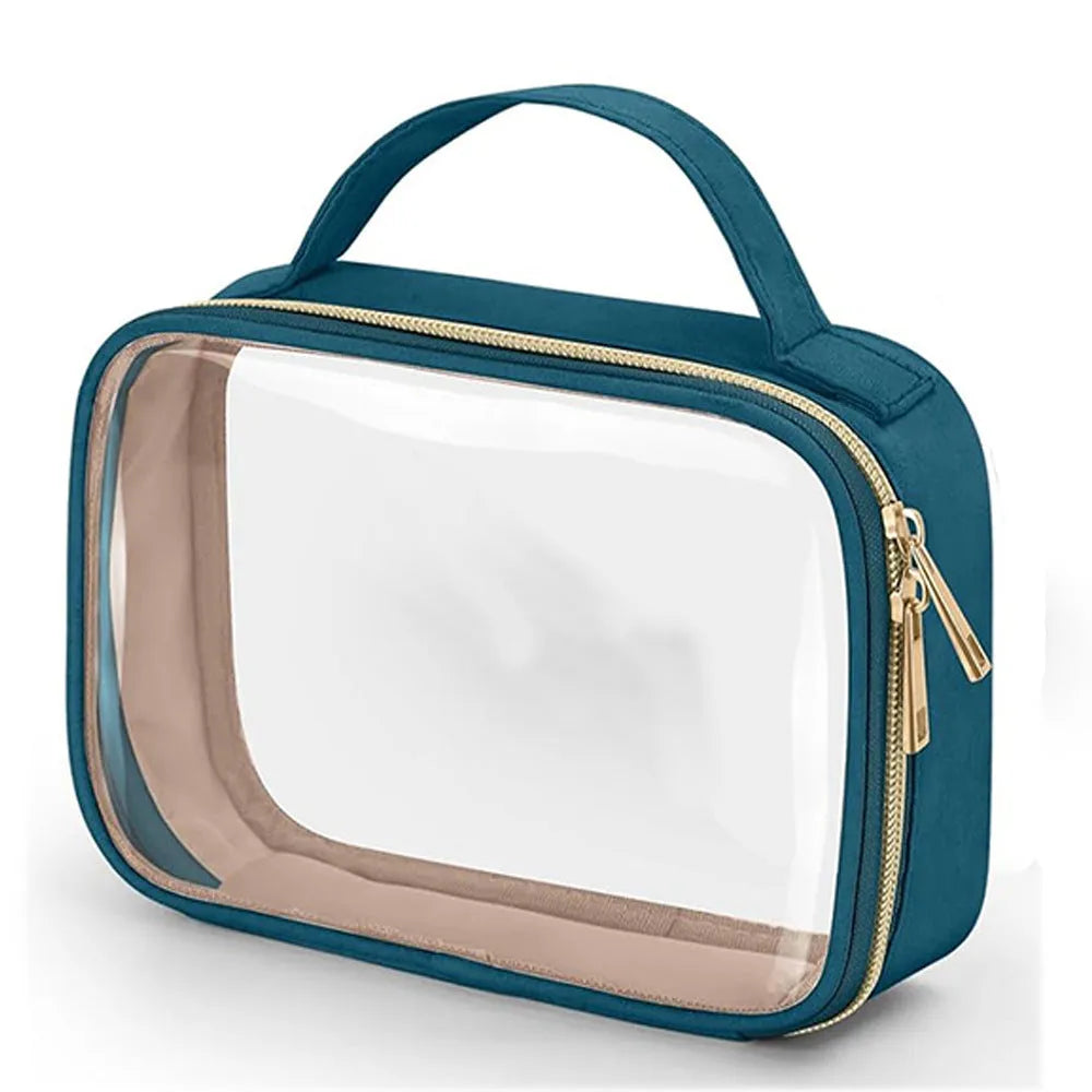 Transparent PVC cosmetics wash bag with chain in multiple colour options on a white background.