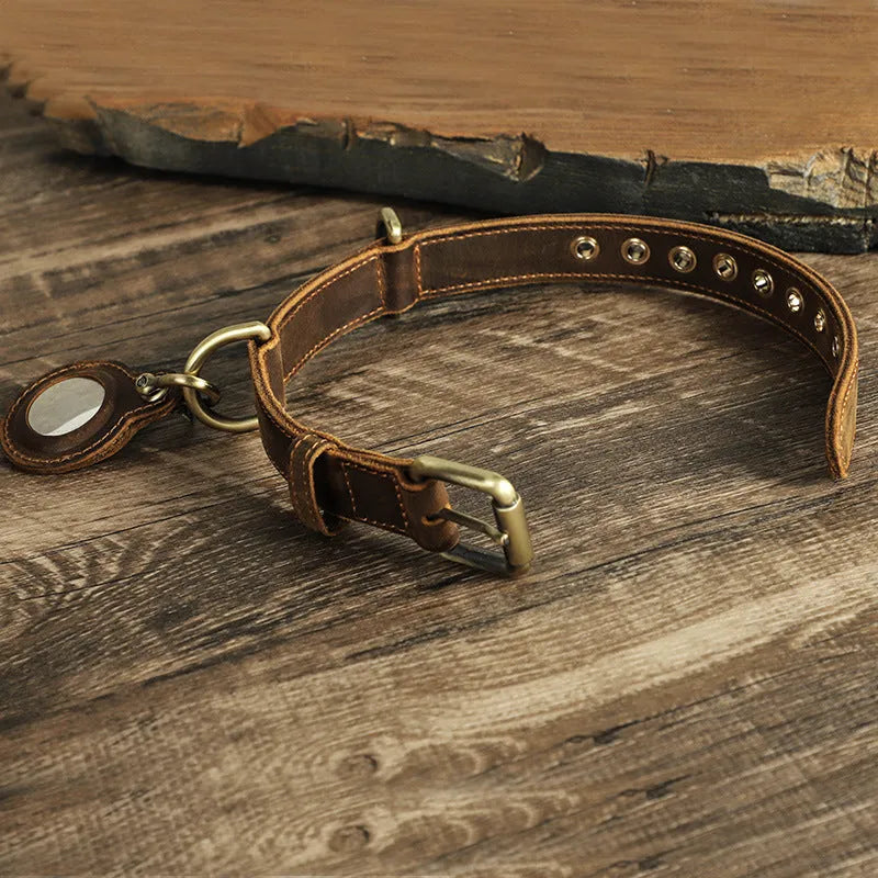 Handmade retro double-sided cowhide genuine leather dog collar in brown with anti-lost feature