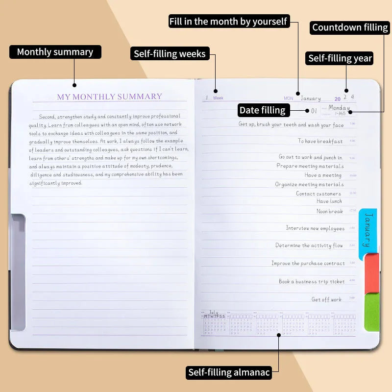 PU leather notebook with strap closure, shown open on 80g wood-free paper, available in purple, green, gray, black, pink, and orange.