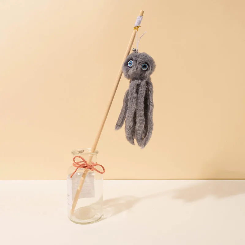 Octopus-themed cat toy on a long stick with bright colours, for interactive indoor play with kittens.
