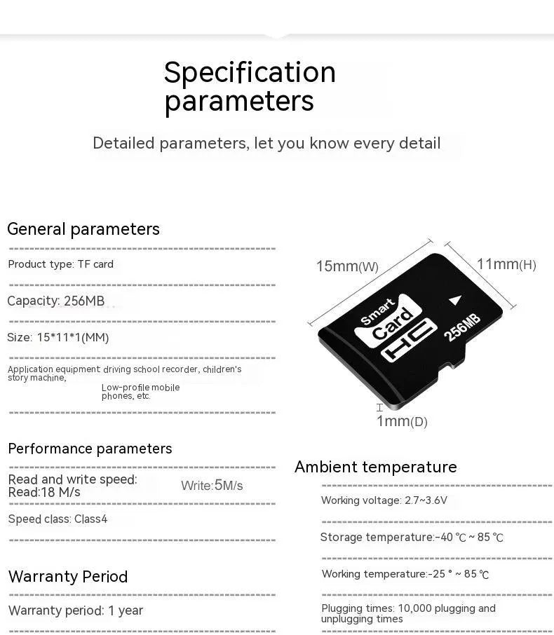 A 256MB TF series memory card with dimensions 11mm by 15mm.