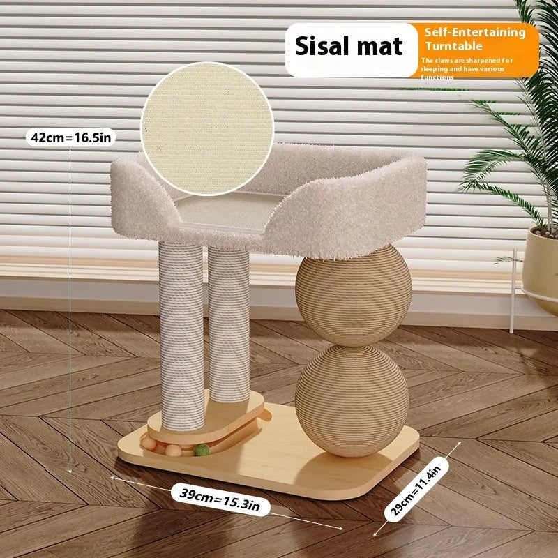 Pine wood cat nest with a built-in wooden grasping ball for scratching
