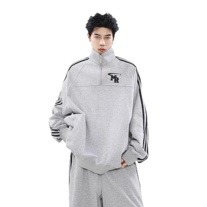 Black Hong Kong style stand collar hoodie for men, shown as a casual sports layer.