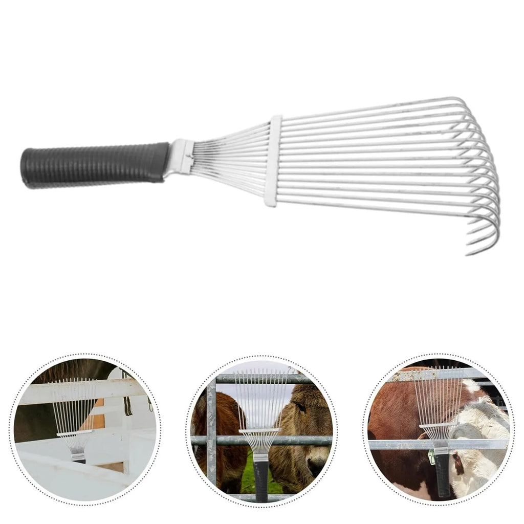 Black stainless steel dematting brush rake comb for animal grooming measuring 33cm long