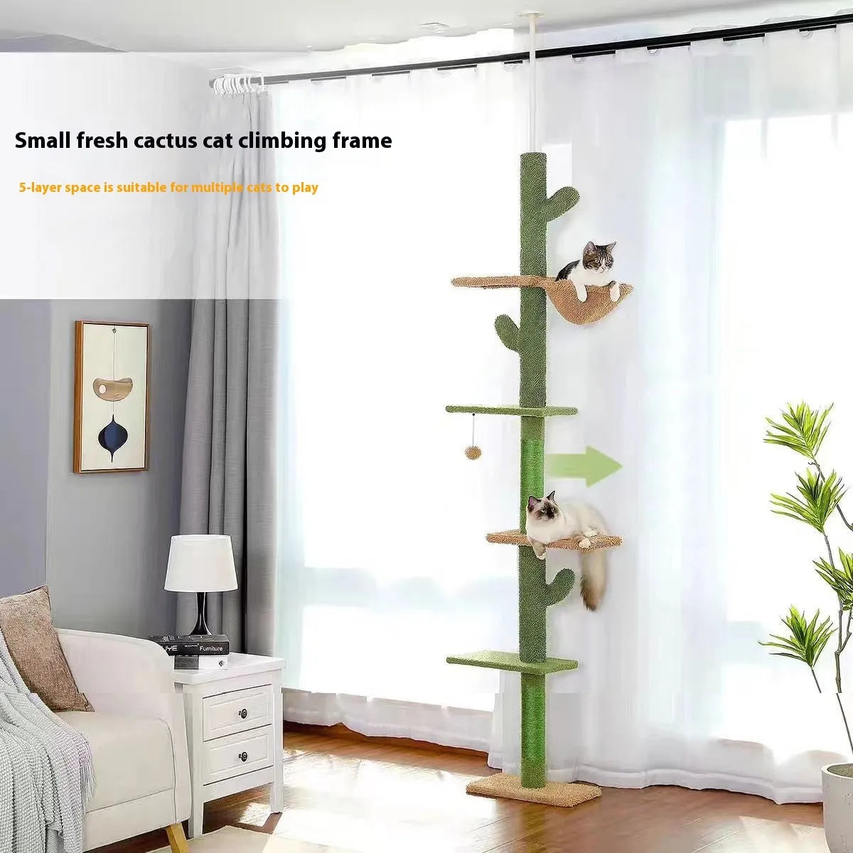 Tall solid wood cat tree with scratching posts, platforms, an enclosed cat nest, and a hanging toy.