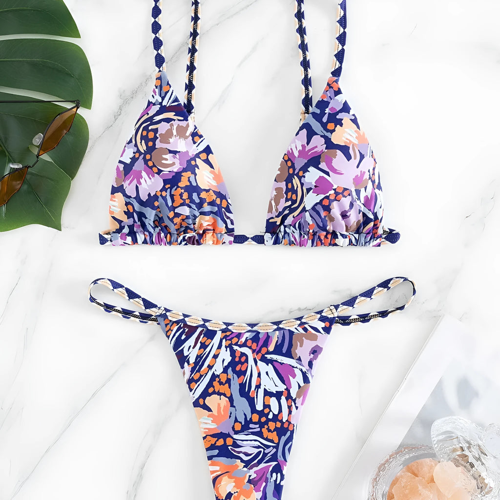 Women's floral print polyester swimsuit with split triangle bag design