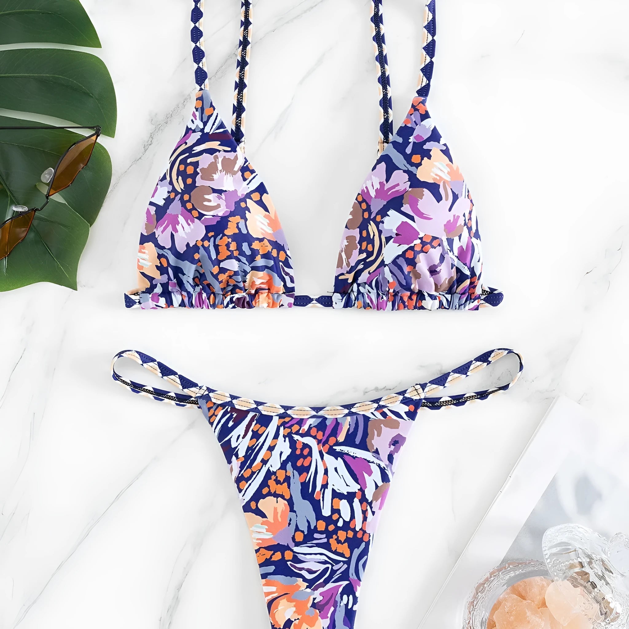 Women's floral print polyester swimsuit with split triangle bag design