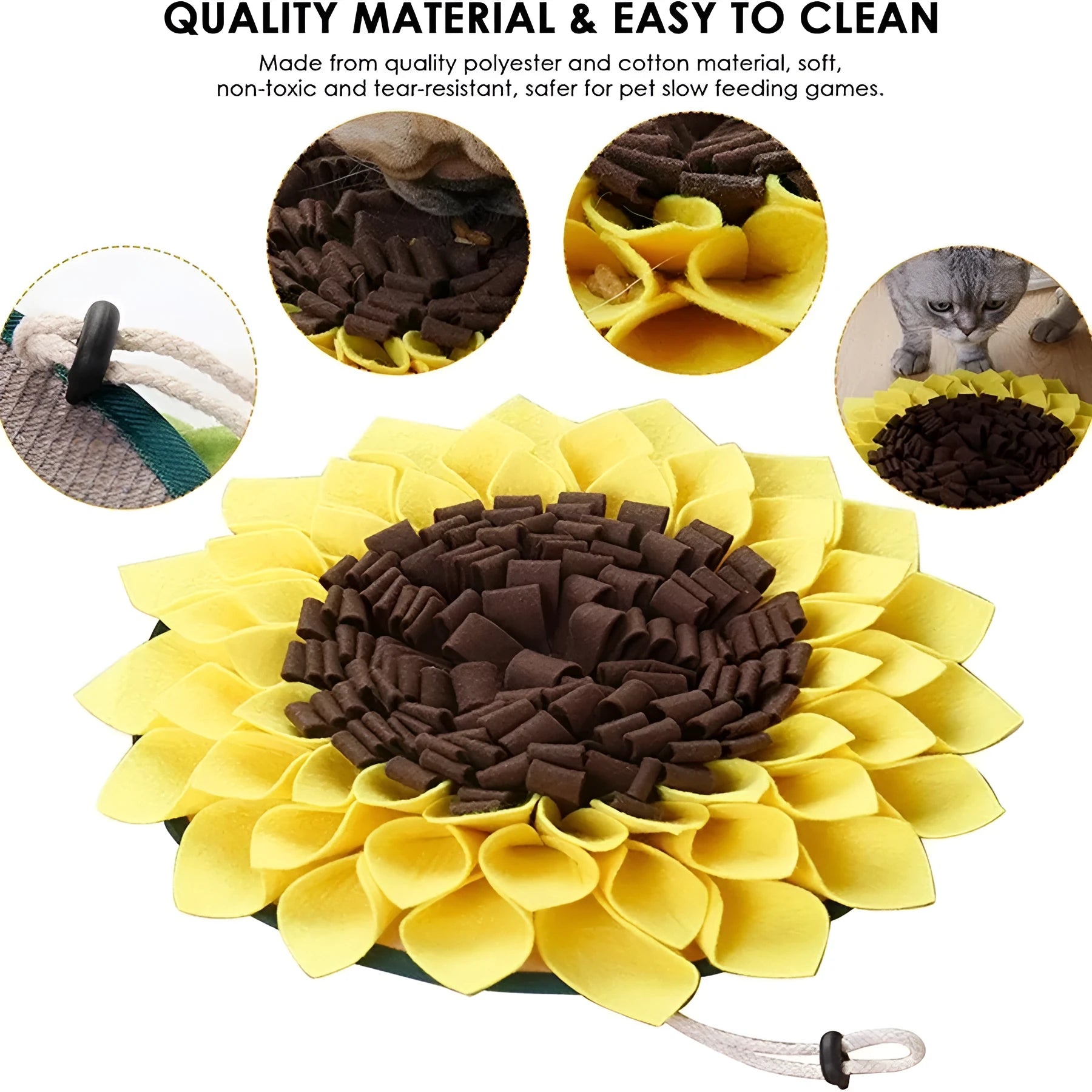 Yellow sunflower-shaped dog snuffle mat with rope and buckle for slow feeding and nosework training