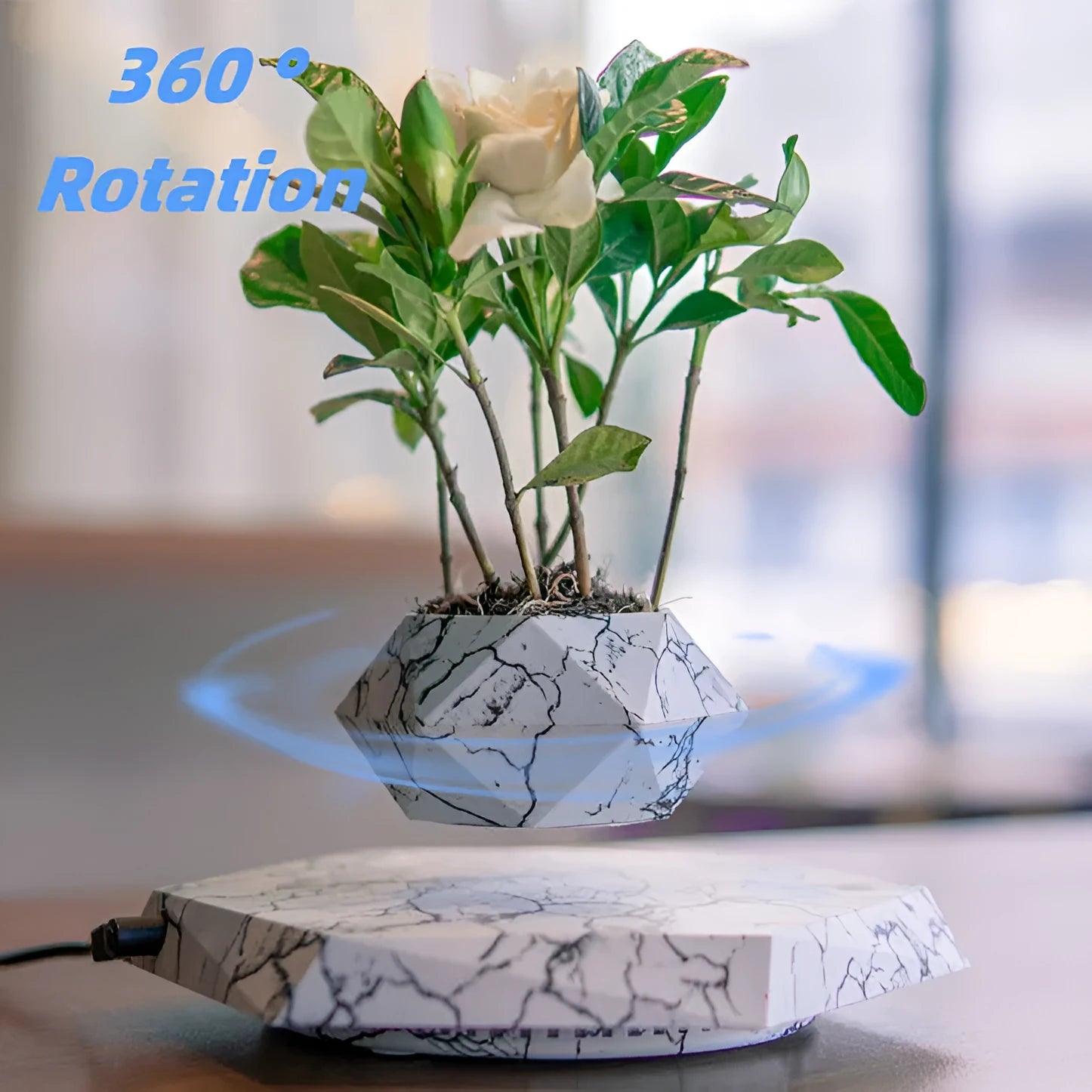 Marble colour levitating plant pot floating and rotating with magnetic technology