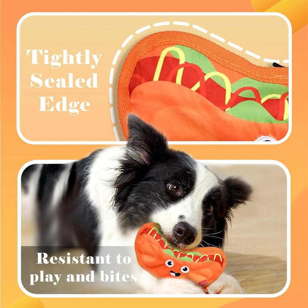 Crinkle and squeaky dog toys in hamburger, fries, hot dog and pizza designs without stuffing