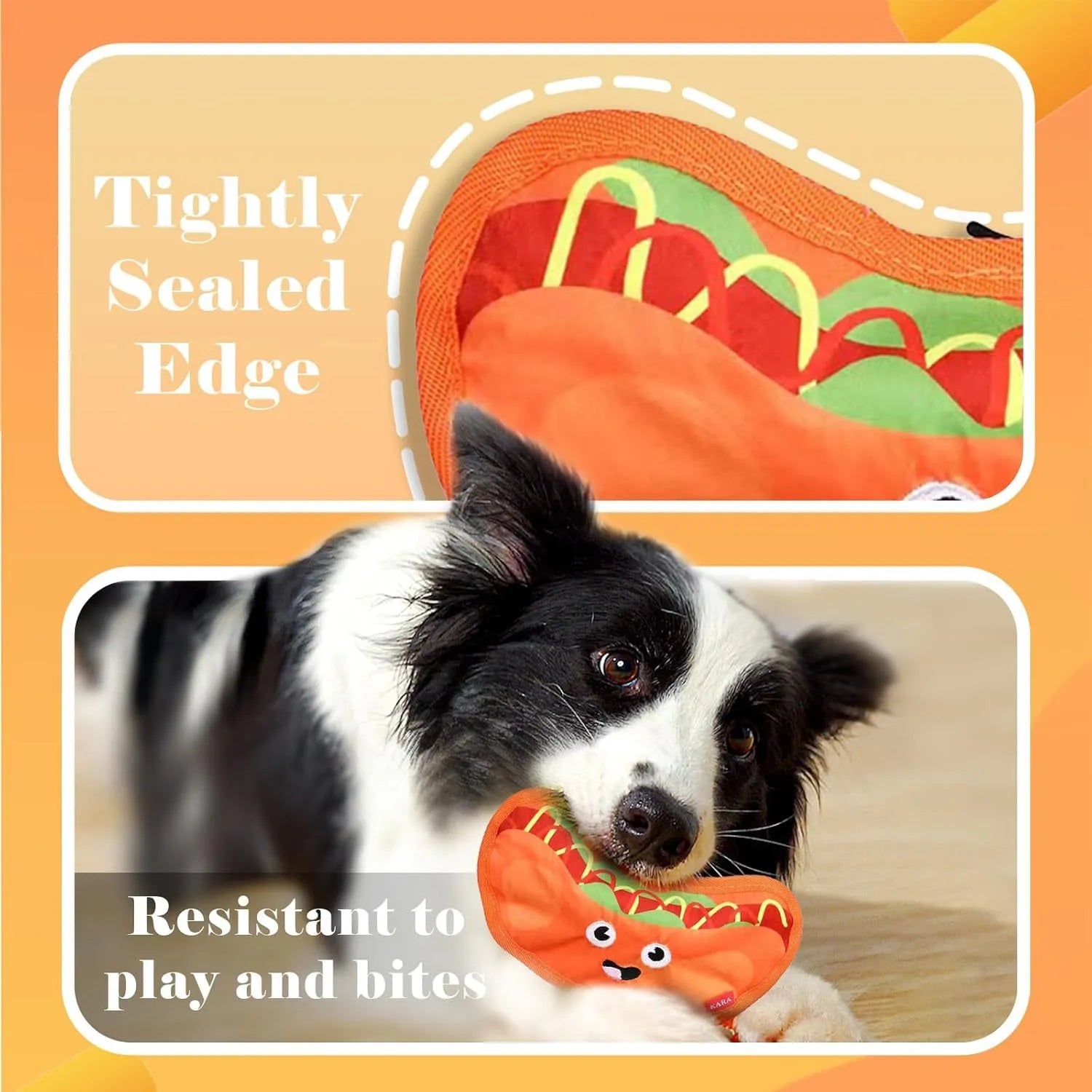 Crinkle and squeaky dog toys in hamburger, fries, hot dog and pizza designs without stuffing