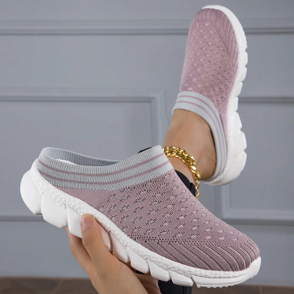 Women's black striped Flyknit socks semi slipper shoes with hollowed-out design and viscose sole.